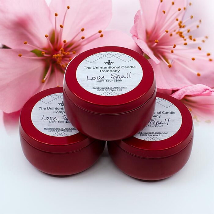 Three scented candle tins & cherry blossoms