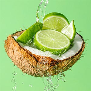 Lime slices in an open coconut.