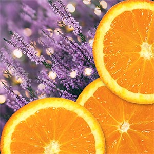 Orange slices in front of a sparkling field of lavender