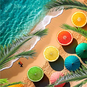 Citrus umbrellas on a tropical beach